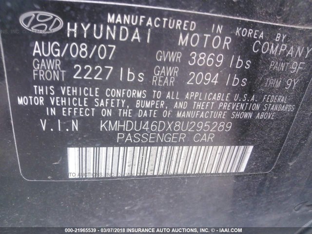 KMHDU46DX8U295289 - 2008 HYUNDAI ELANTRA GLS/SE/LIMITED BLACK photo 9