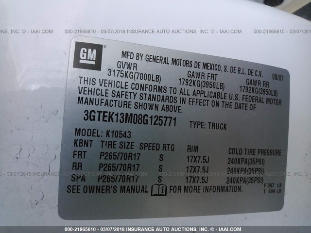 3GTEK13M08G125771 - 2008 GMC SIERRA K1500 WHITE photo 9