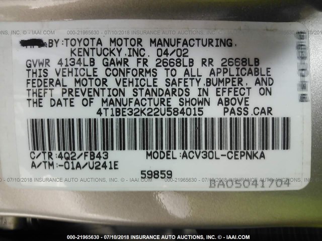 4T1BE32K22U584015 - 2002 TOYOTA CAMRY LE/XLE/SE 金色 照片 9