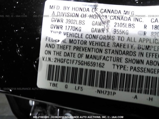 2HGFC1F75GH659162 - 2016 HONDA CIVIC EXL BLACK photo 9