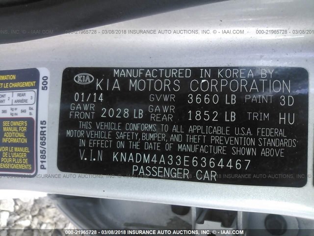 KNADM4A33E6364467 - 2014 KIA RIO LX Արծաթագույն լուսանկար 9