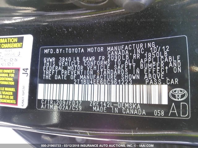 2T1BU4EE6DC961223 - 2013 TOYOTA COROLLA S/LE BLACK photo 9