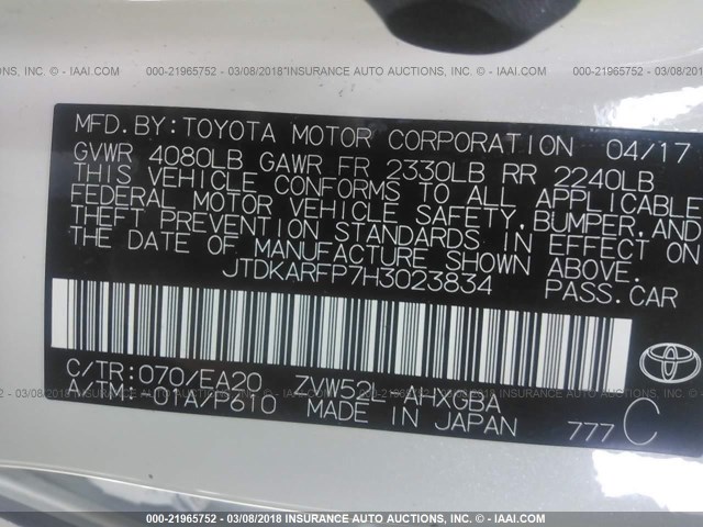 JTDKARFP7H3023834 - 2017 TOYOTA PRIUS PRIME  WHITE photo 9