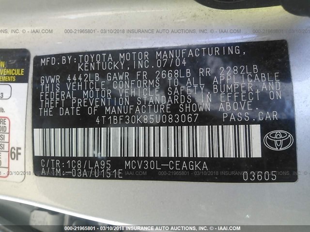 4T1BF30K85U083067 - 2005 TOYOTA CAMRY LE/XLE/SE Ağ foto 9