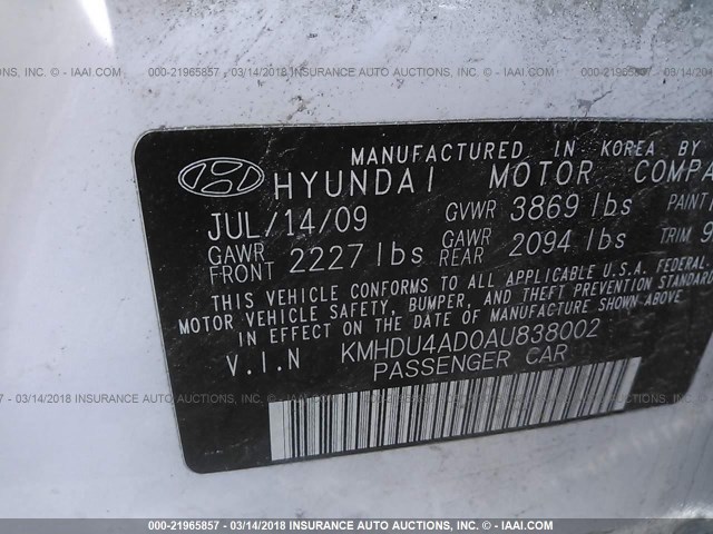 KMHDU4AD0AU838002 - 2010 HYUNDAI ELANTRA BLUE/GLS/SE WHITE photo 9