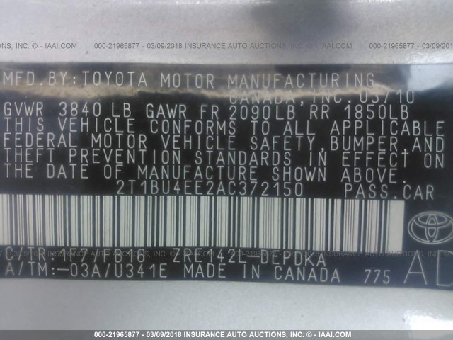 2T1BU4EE2AC372150 - 2010 TOYOTA COROLLA S/LE/XLE SILVER photo 9