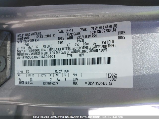 1FMCU0J97EUA94601 - 2014 FORD ESCAPE TITANIUM SILVER photo 9