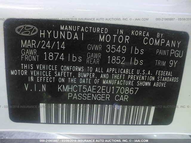 KMHCT5AE2EU170867 - 2014 HYUNDAI ACCENT GLS/GS WHITE photo 9