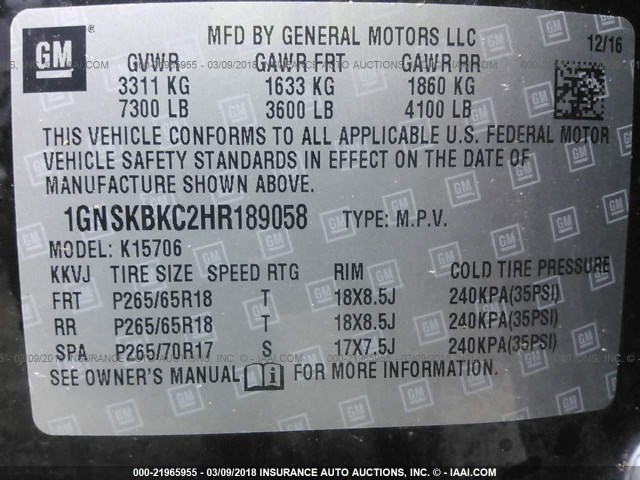 1GNSKBKC2HR189058 - 2017 CHEVROLET TAHOE K1500 LT BLACK photo 9