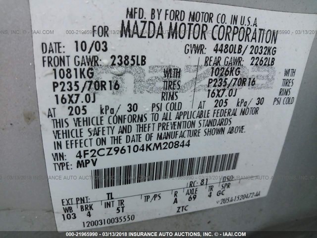 4F2CZ96104KM20844 - 2004 MAZDA TRIBUTE ES 银色 照片 9