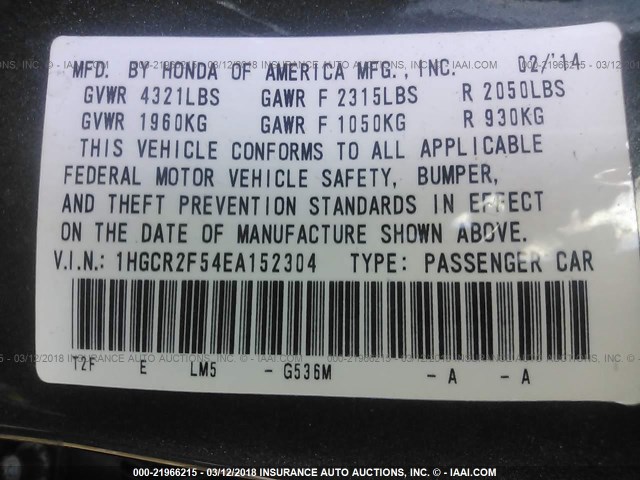 1HGCR2F54EA152304 - 2014 HONDA ACCORD SPORT Сұр фото 9