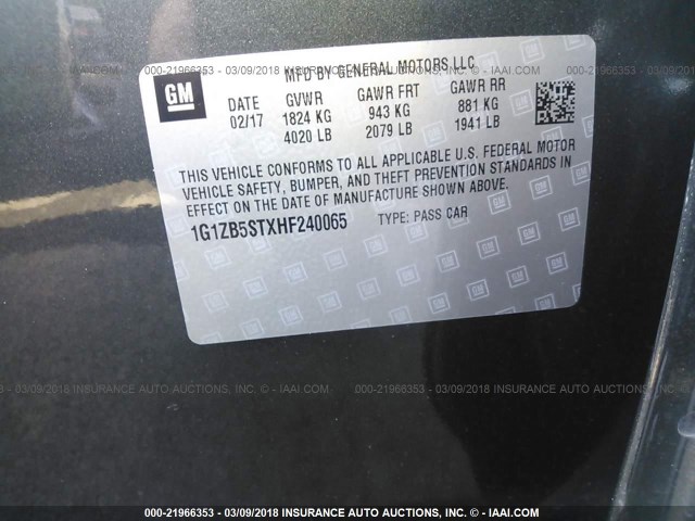 1G1ZB5STXHF240065 - 2017 CHEVROLET MALIBU LS 灰色 照片 9