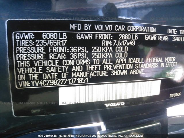 YV4CZ982771371851 - 2007 VOLVO XC90 3.2 TEAL photo 9