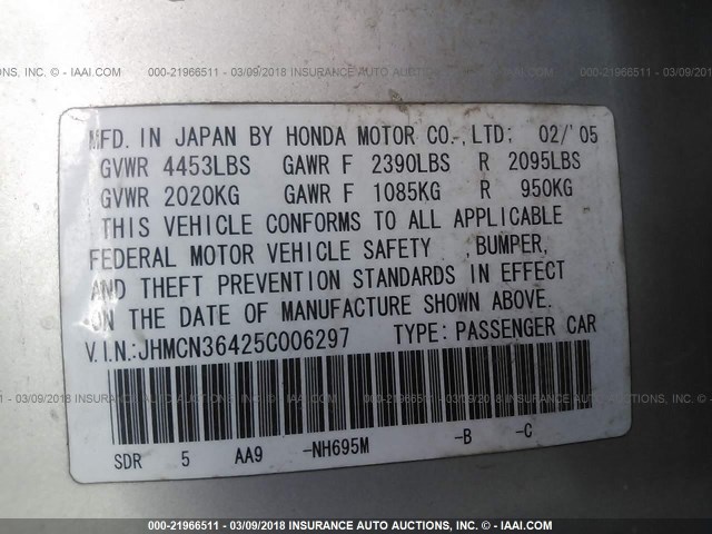 JHMCN36425C006297 - 2005 HONDA ACCORD HYBRID SILVER photo 9