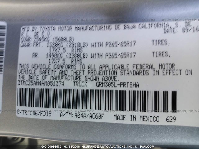 3TMCZ5AN4HM051374 - 2017 TOYOTA TACOMA DBL CAB/SR/TRDSPT/OR/PRO ვერცხლისფერი ფოტო 9