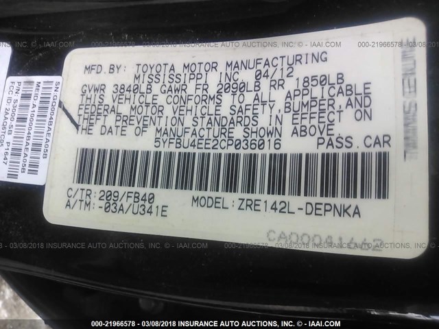 5YFBU4EE2CP036016 - 2012 TOYOTA COROLLA S/LE 黑色 照片 9