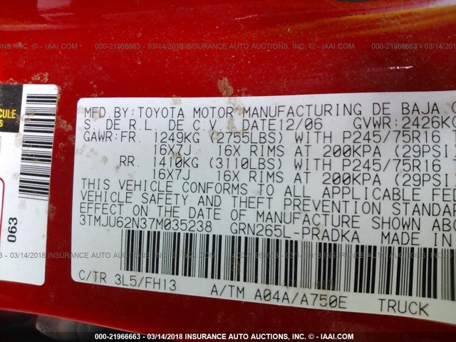 3TMJU62N37M035238 - 2007 TOYOTA TACOMA DOUBLE CAB PRERUNNER RED photo 9