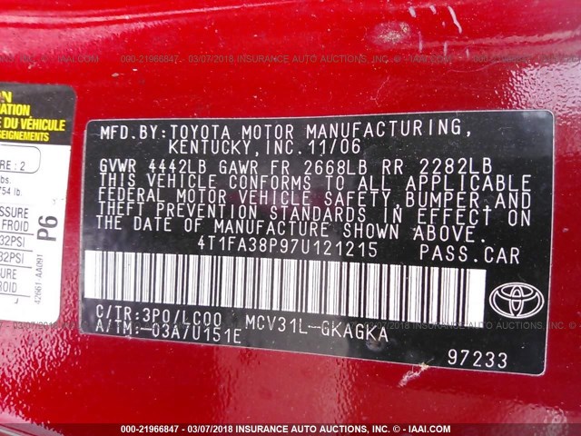 4T1FA38P97U121215 - 2007 TOYOTA CAMRY SOLARA SE/SLE შავი ფოტო 9