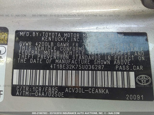 4T1BE32K75U036287 - 2005 TOYOTA CAMRY LE/XLE/SE SILVER photo 9