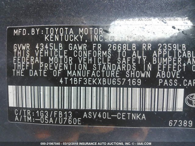 4T1BF3EKXBU657169 - 2011 TOYOTA CAMRY SE/LE/XLE GRAY photo 9