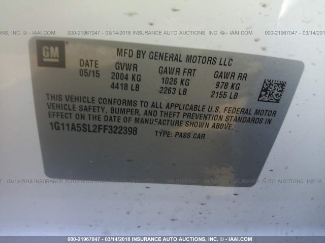 1G11A5SL2FF322398 - 2015 CHEVROLET MALIBU LS 白色 照片 9