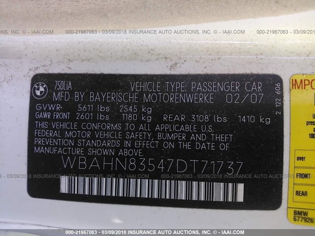 WBAHN83547DT71737 - 2007 BMW 750 WHITE photo 9