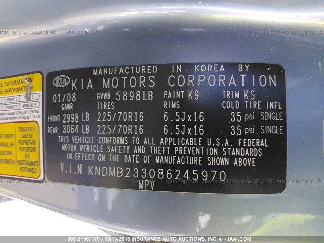 KNDMB233086245970 - 2008 KIA SEDONA EX/LX BLUE photo 9