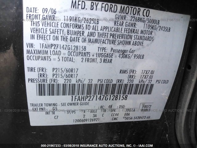 1FAHP27147G128158 - 2007 FORD FIVE HUNDRED SEL GRAY photo 9