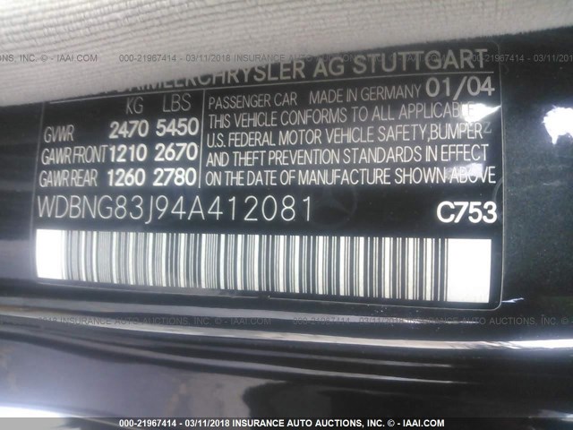 WDBNG83J94A412081 - 2004 MERCEDES-BENZ S 430 4MATIC GRAY photo 9