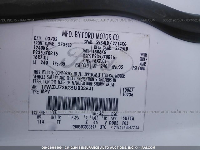 1FMZU73K35UB33641 - 2005 FORD EXPLORER XLT/XLT SPORT/NBX WHITE photo 9