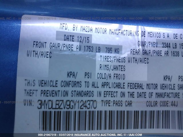 3MYDLBZV9GY124370 - 2016 TOYOTA SCION IA BLUE photo 9