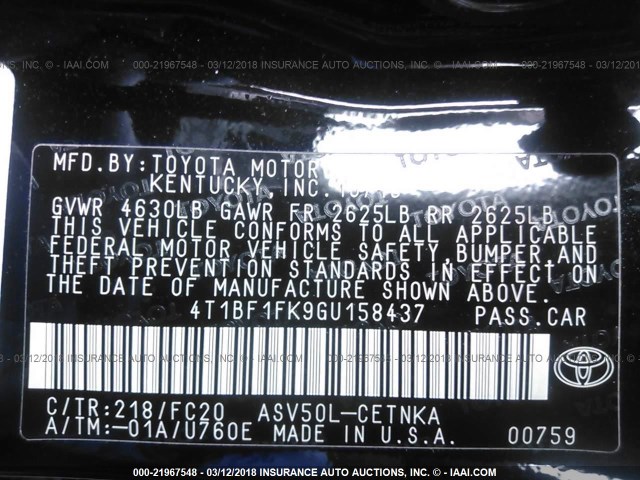 4T1BF1FK9GU158437 - 2016 TOYOTA CAMRY LE/XLE/SE/XSE BLACK photo 9