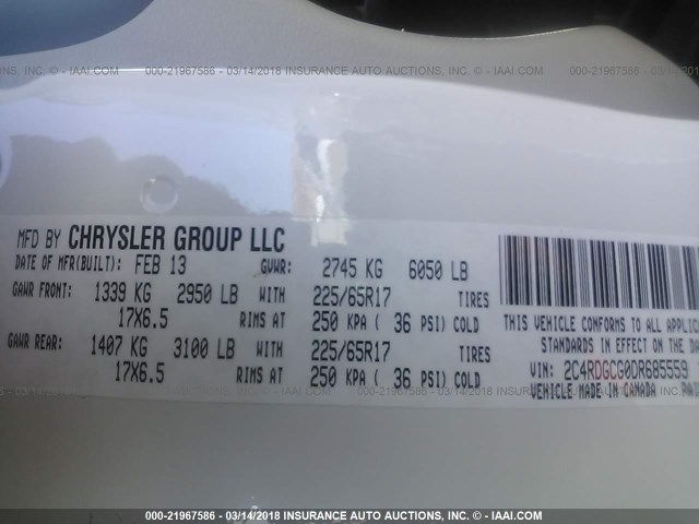 2C4RDGCG0DR685559 - 2013 DODGE GRAND CARAVAN SXT WHITE photo 9