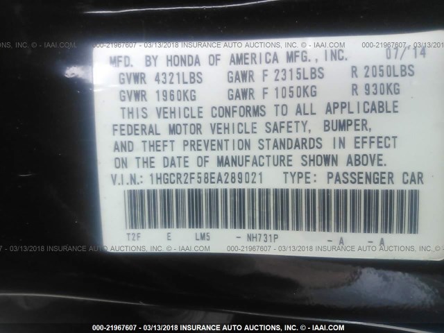 1HGCR2F58EA289021 - 2014 HONDA ACCORD SPORT 黑色 照片 9