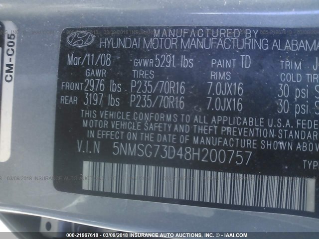 5NMSG73D48H200757 - 2008 HYUNDAI SANTA FE GLS GRAY photo 9