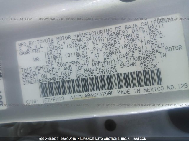3TMLU4EN2BM079006 - 2011 TOYOTA TACOMA DOUBLE CAB ვერცხლისფერი ფოტო 9