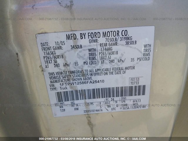 1FTPW12586FA25410 - 2006 FORD F150 SUPERCREW SILVER photo 9