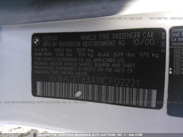 WBADT63411CF02221 - 2001 BMW 530 I AUTOMATIC SILVER photo 9