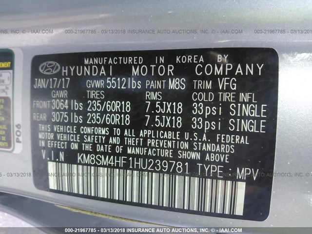 KM8SM4HF1HU239781 - 2017 HYUNDAI SANTA FE SE SILVER photo 9