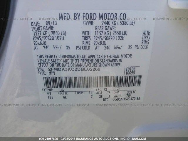 2FMDK3KC2DBE02266 - 2013 FORD EDGE LIMITED WHITE photo 9