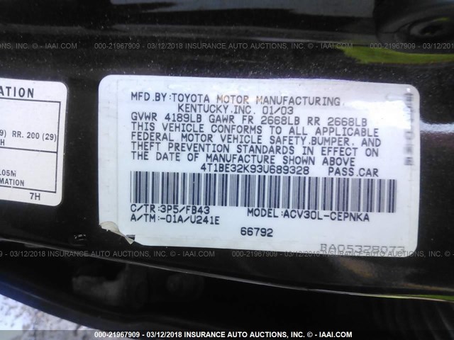 4T1BE32K93U689328 - 2003 TOYOTA CAMRY LE/XLE/SE PURPLE photo 9