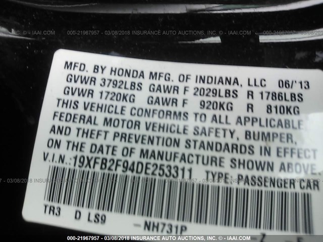 19XFB2F94DE253311 - 2013 HONDA CIVIC EXL BLACK photo 9