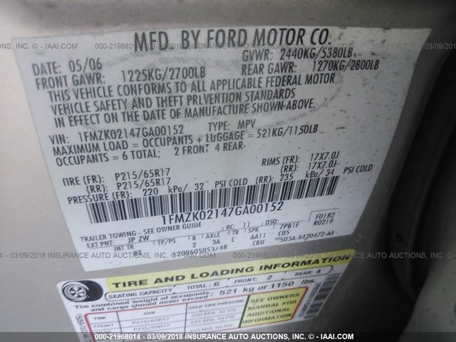 1FMZK02147GA00152 - 2007 FORD FREESTYLE SEL SILVER photo 9