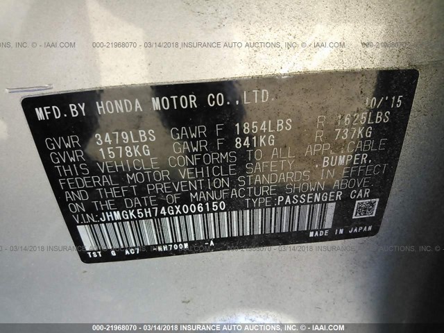 JHMGK5H74GX006150 - 2016 HONDA FIT EX/EXL SILVER photo 9