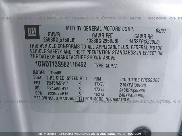 1GNDT13S982116462 - 2008 CHEVROLET TRAILBLAZER LS/LT SILVER photo 9