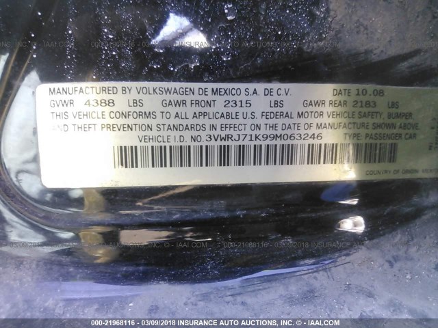 3VWRJ71K99M063246 - 2009 VOLKSWAGEN JETTA WOLFSBURG 黑色 照片 9