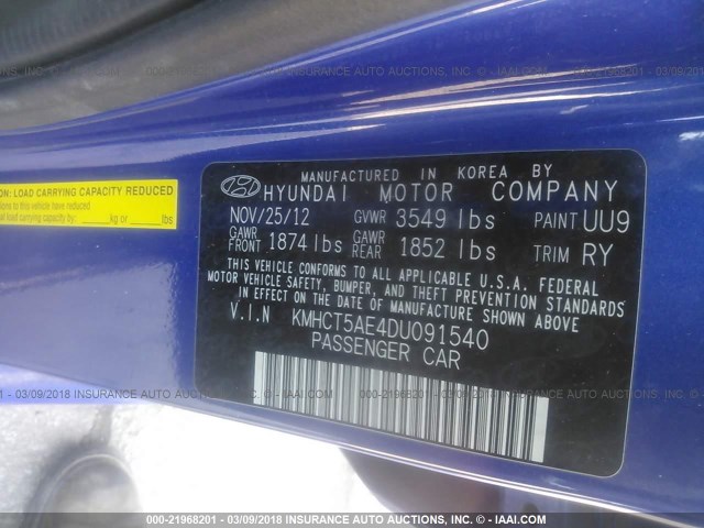 KMHCT5AE4DU091540 - 2013 HYUNDAI ACCENT GLS/GS BLUE photo 9