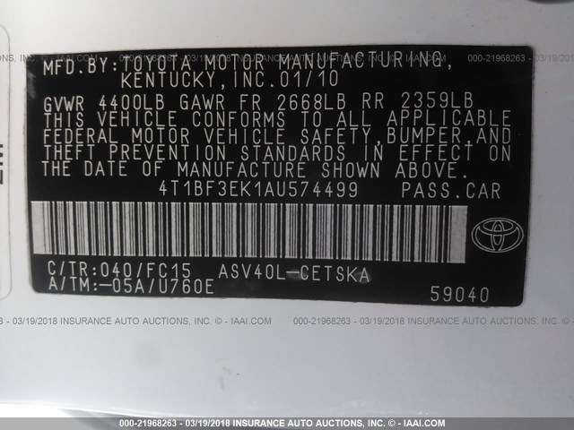 4T1BF3EK1AU574499 - 2010 TOYOTA CAMRY SE/LE/XLE WHITE photo 9