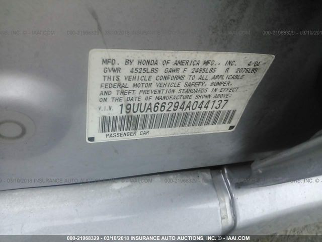 19UUA66294A044137 - 2004 ACURA TL SILVER photo 9