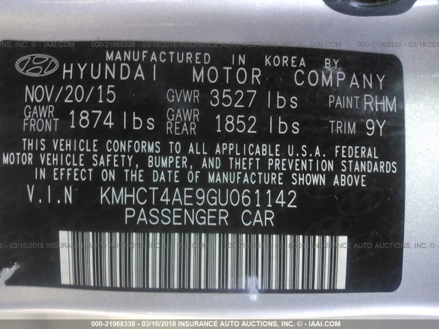 KMHCT4AE9GU061142 - 2016 HYUNDAI ACCENT SE SILVER photo 9